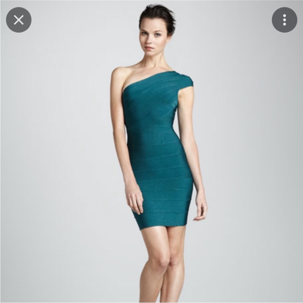 Herve Leger Teal Green One-Shoulder Mini Dress